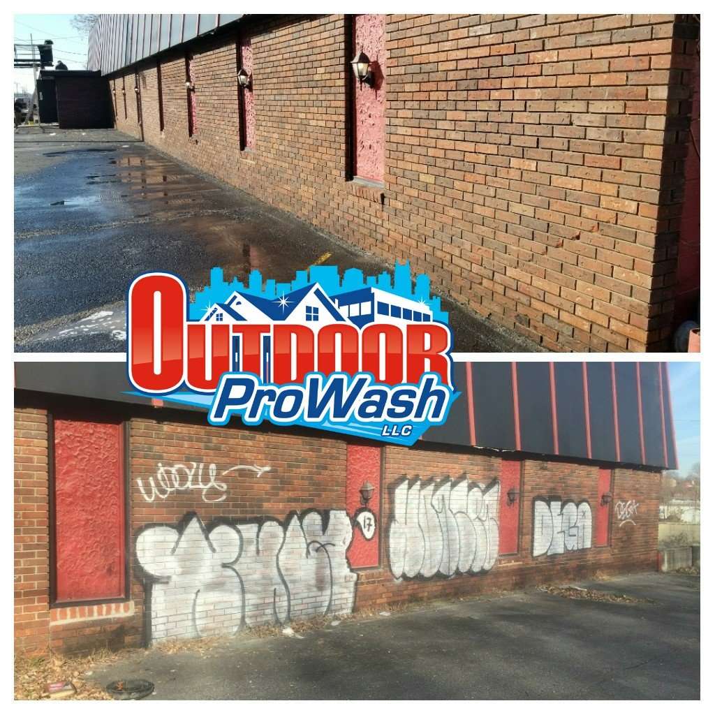A before and after picture of the outside of a building.