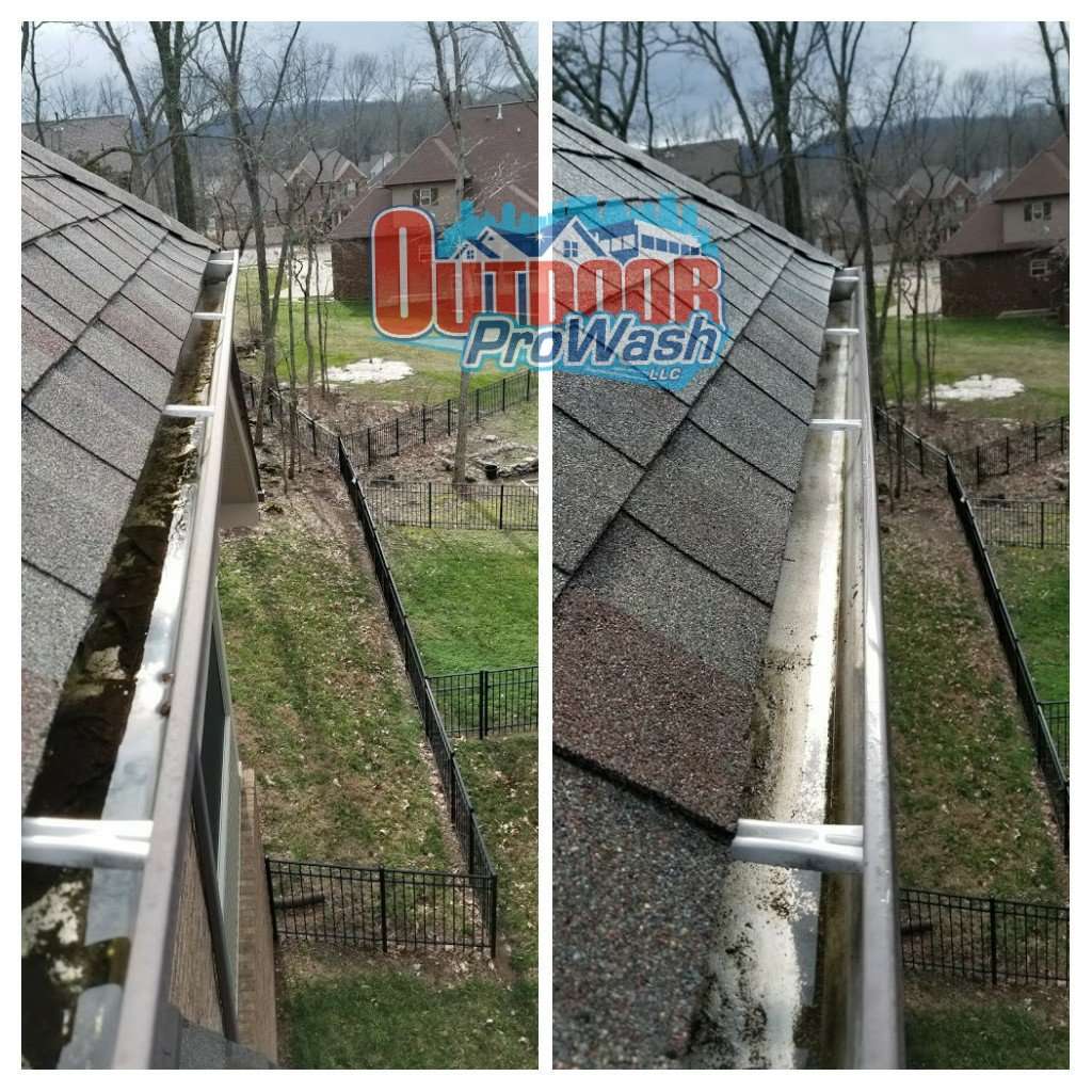 A before and after picture of the gutter cleaning.