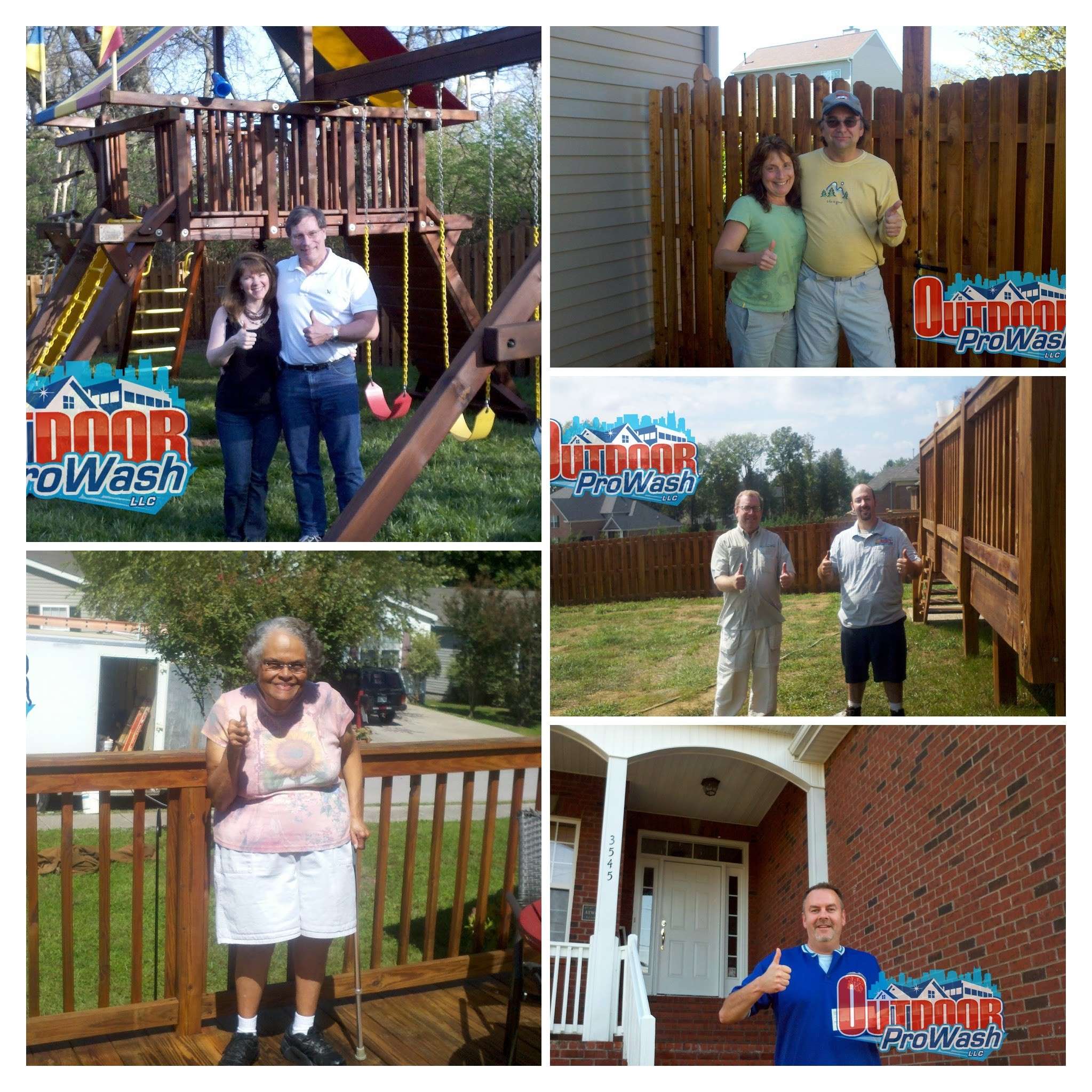 A collage of people standing in front of a fence.