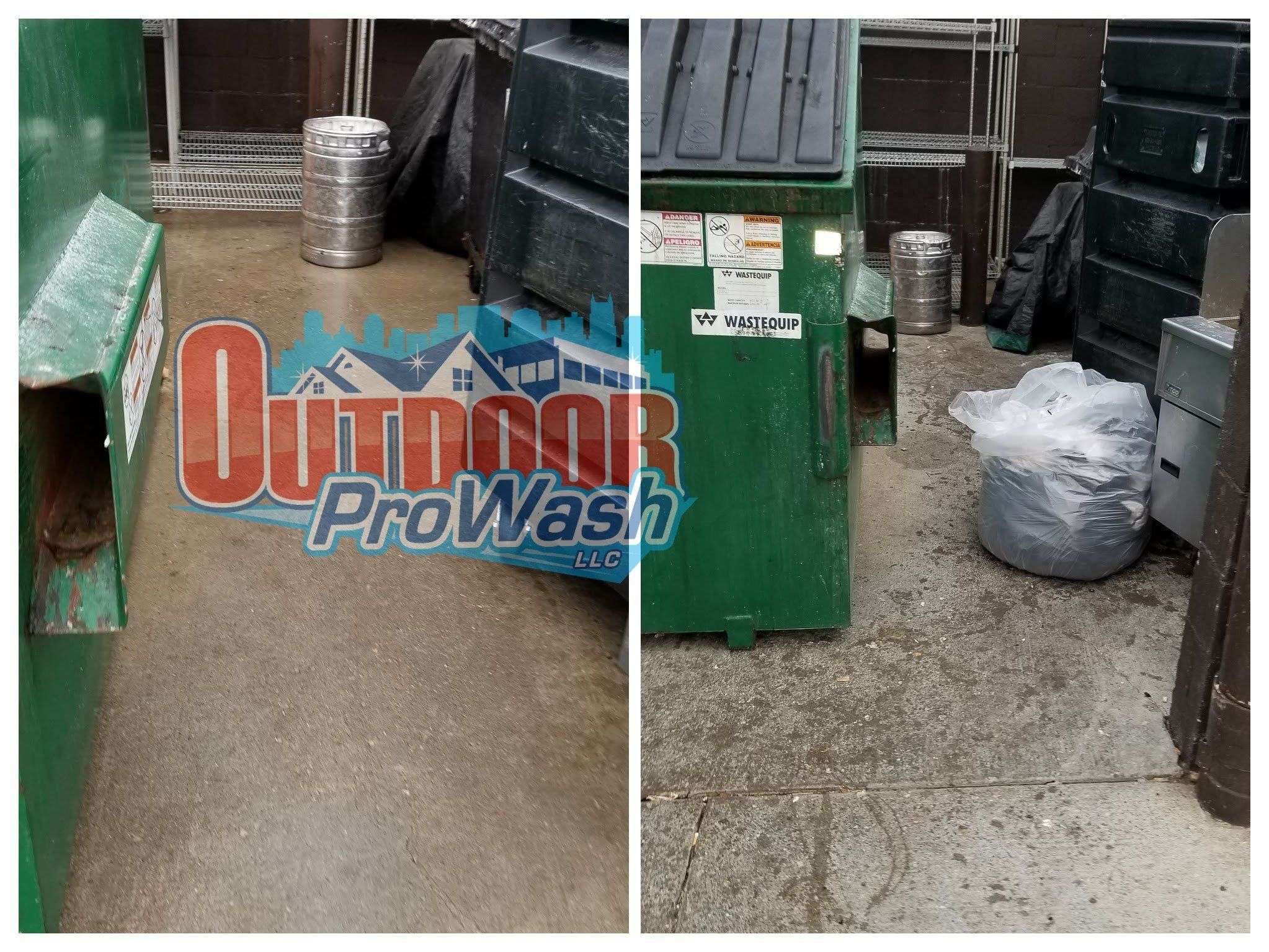 Two pictures of a trash can and garbage cans.