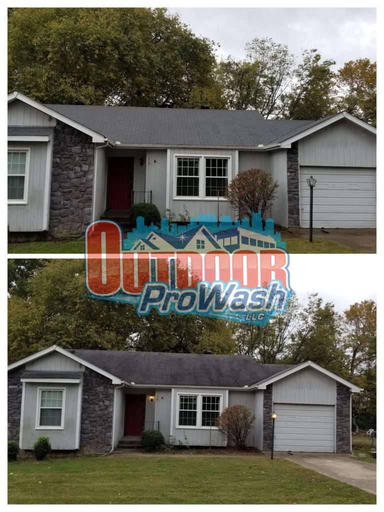 House before and after roof cleaning.