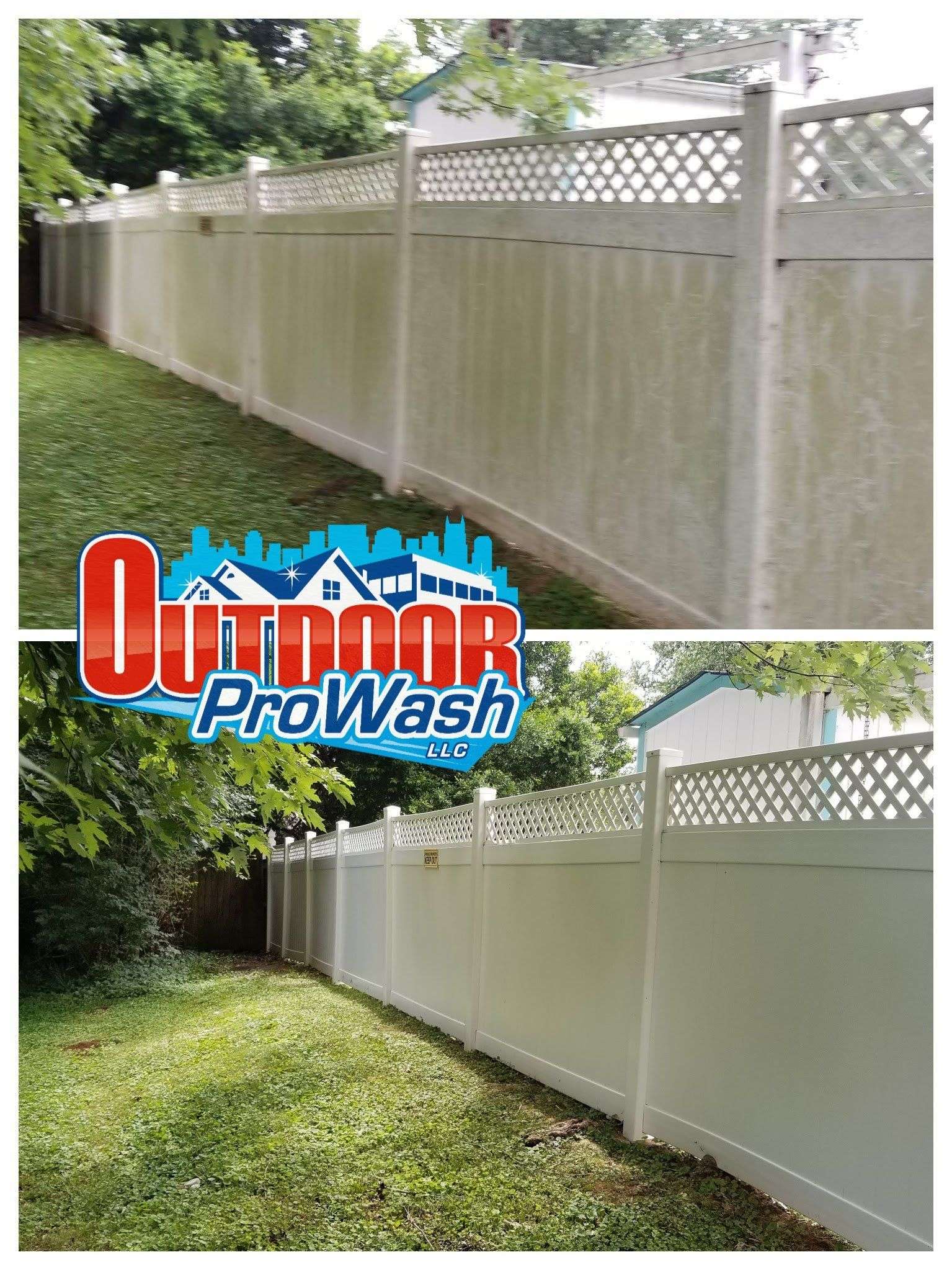 White vinyl fence cleaning before and after