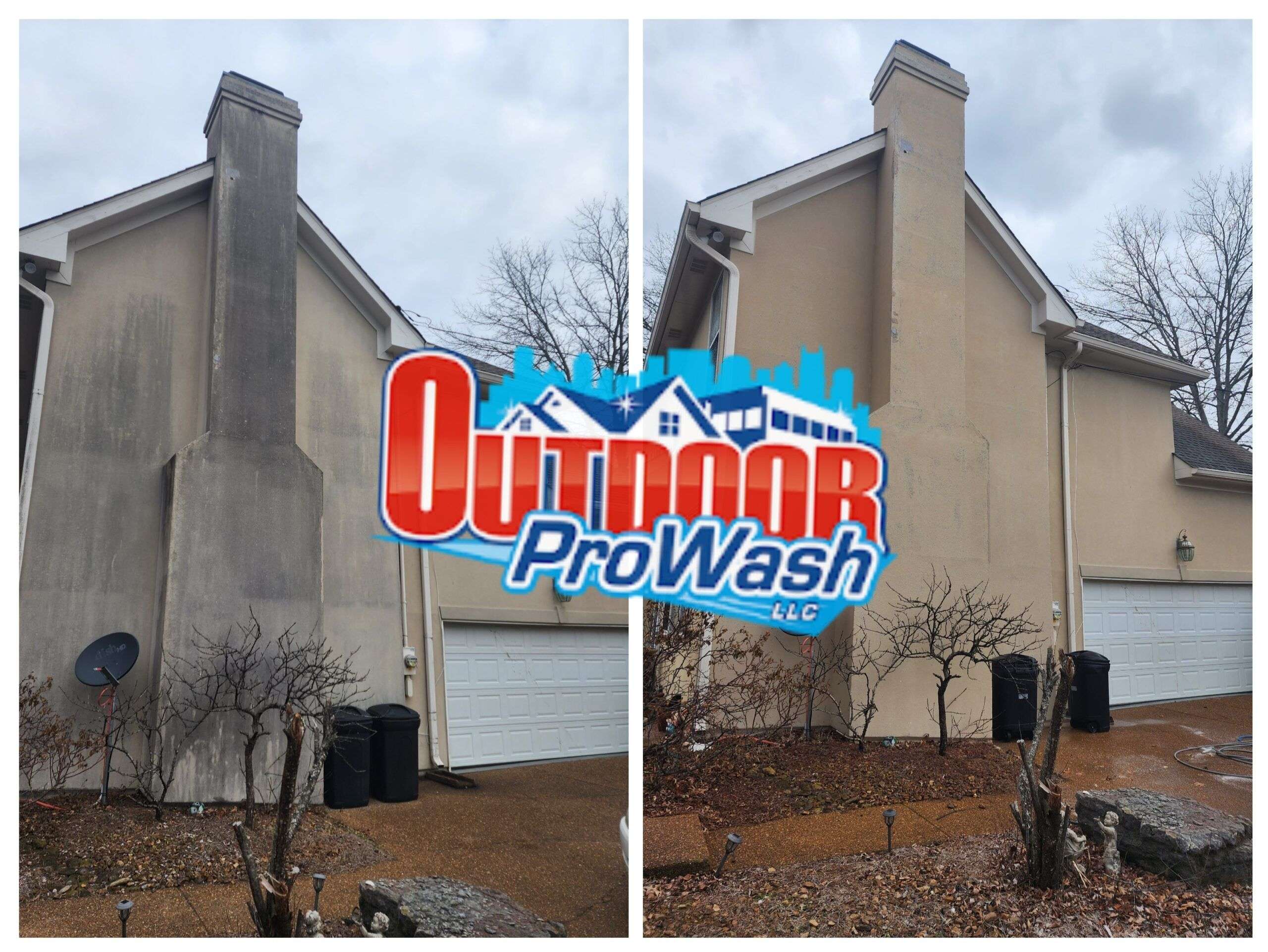 A before and after picture of the exterior of a house.