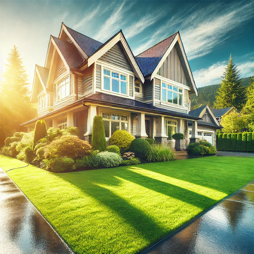 Luxury home, landscaped yard, sunny day.