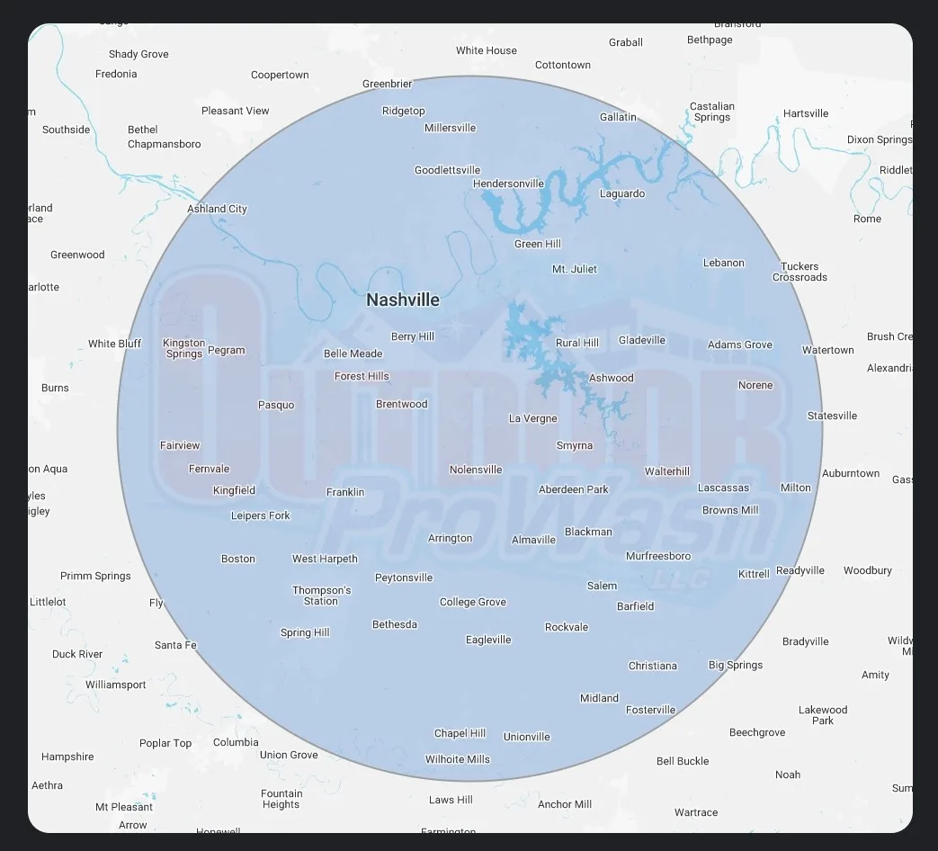 Nashville Pressure Washing Service Area Map 35 mile radius of 37013