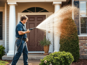 A man spraying water from the back of his hose.