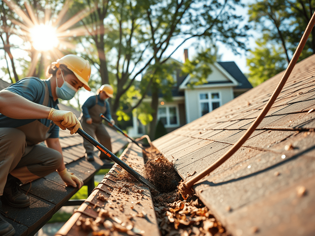 A group of men cleaning the gutter on top of a roof.