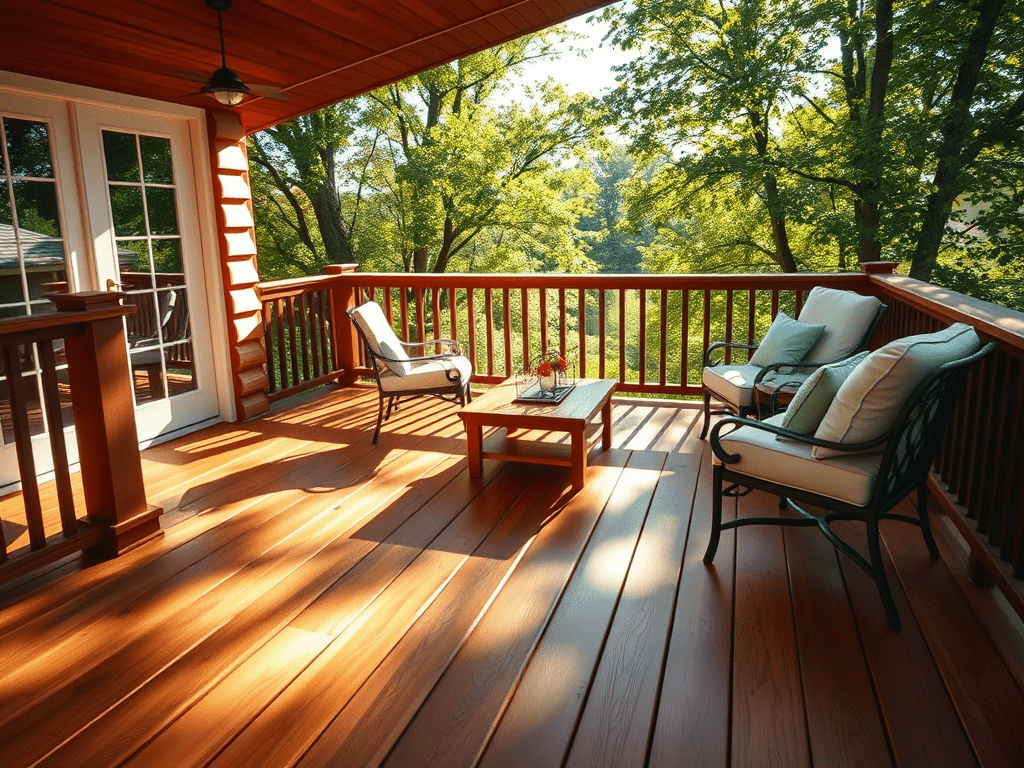 A deck with chairs and tables on it